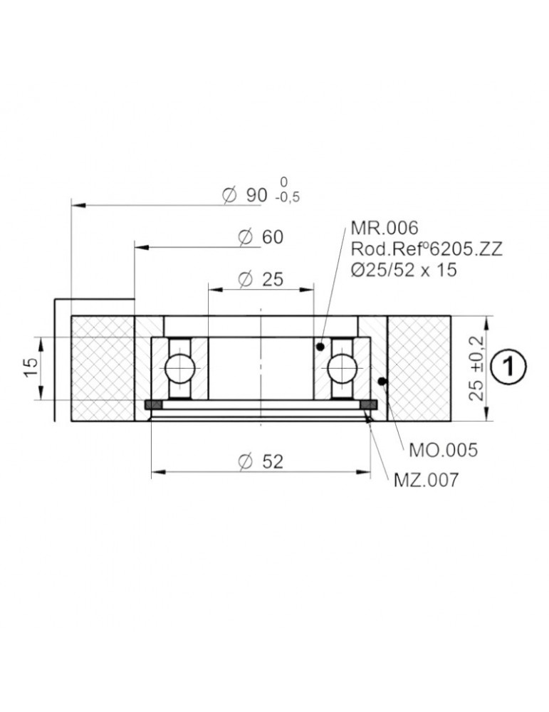 RUEDA COMPLETA 90x25MM C/COJINETE 25x15