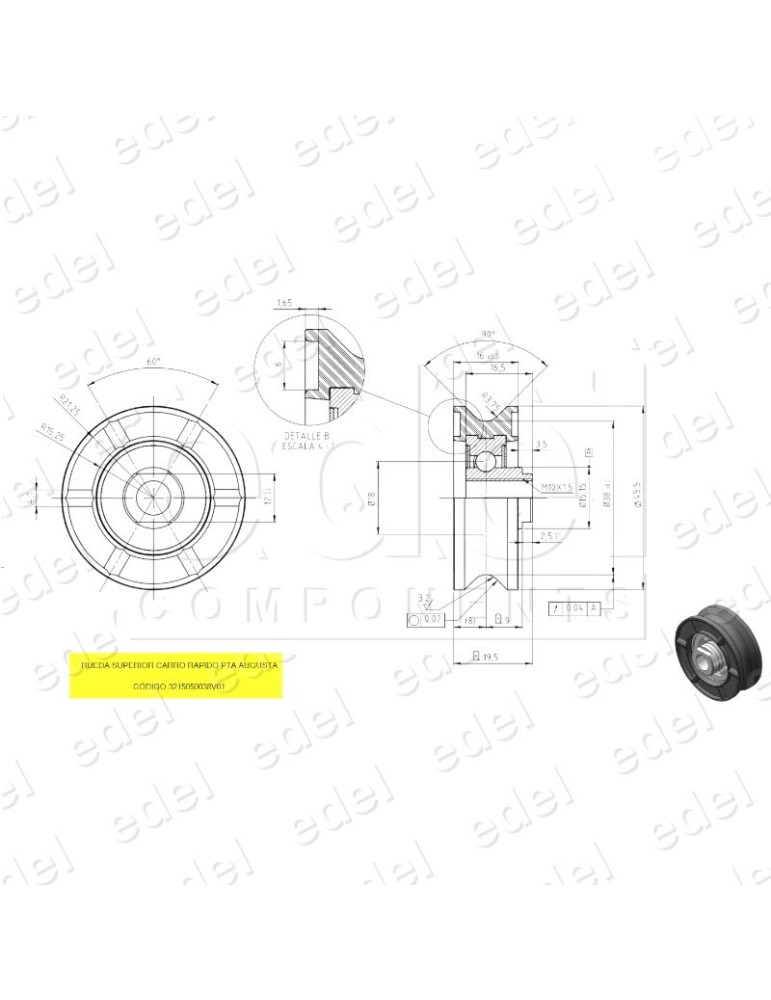 2L1M050038V01 RUEDA SUPERIOR PUERTA WITTUR-SELCOM AUGUSTA CARRO RAPIDO 45X15MM 3215050038V01