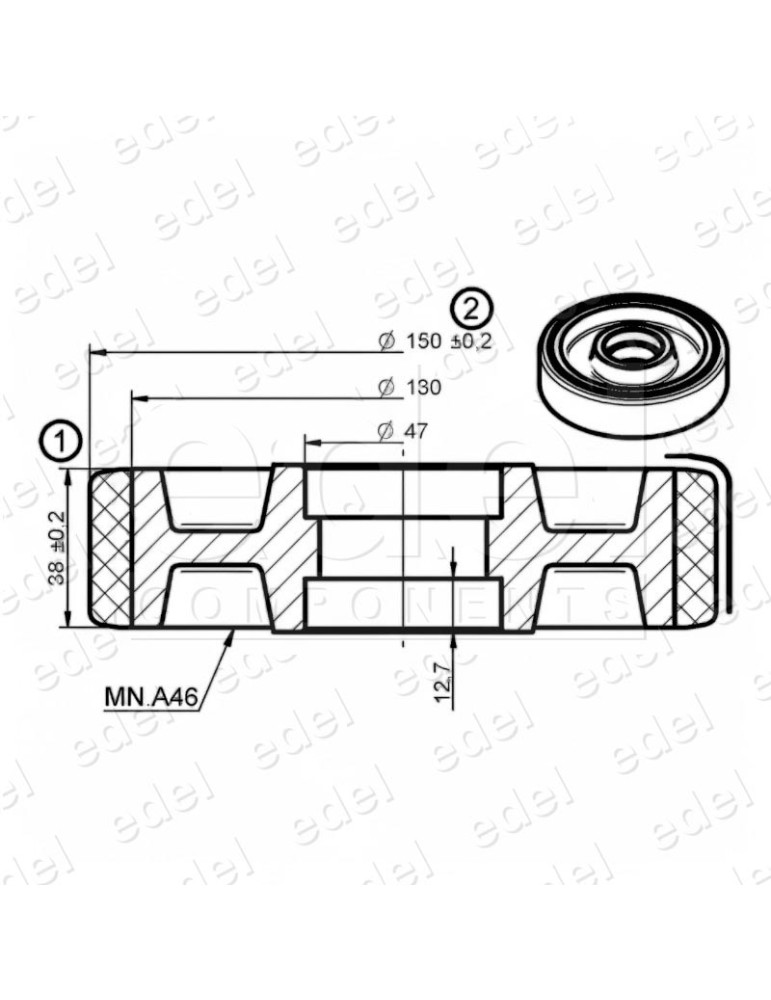KRF0057VE RUEDA MACLA CHASIS 150X38/40MM SIN EJE SIN RODAMIENTO