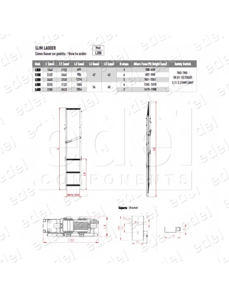 ESCALERA FOSO PLEGABLE SLIM L050 1845MM/2152MM 1NC/1NO 3 PELDAÑOS